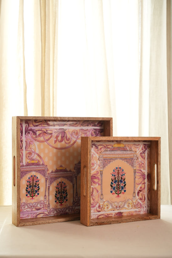 Shahi Aangan Combo Set Of 2 Serving Trays - Peach