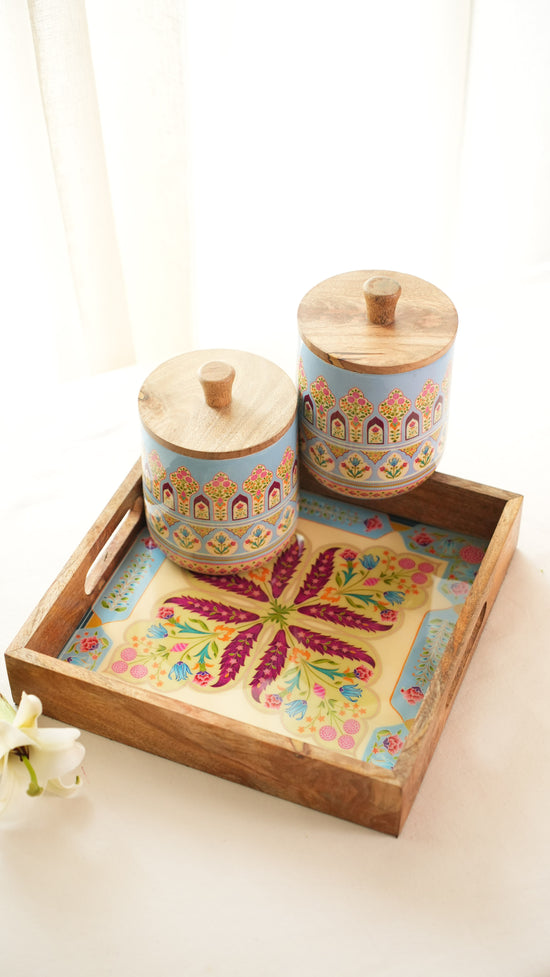 Gulnaar Combo Set Of Tray With 2 Jars - Baby Blue