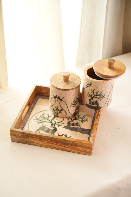 Tribal Deer Combo Set Of Tray With 2 Jars