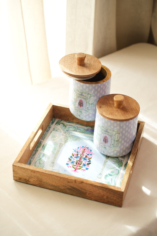 Shahi Aangan Combo Of Serving Tray & 2 Jars - Powder Blue