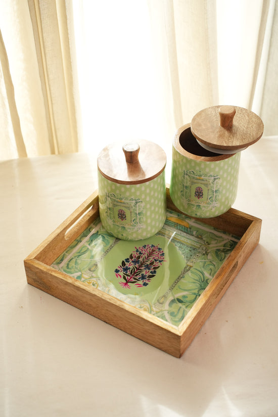Shahi Aangan Combo Of Serving Tray & 2 Jars - Green