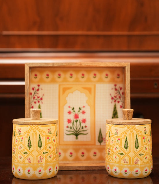 Rajwada Combo Of Serving Tray & Jars - Yellow