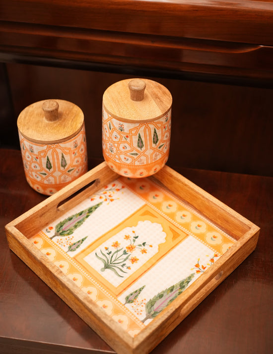 A Rajwada Combo Of Serving Tray & Air Tight Jars - Orange