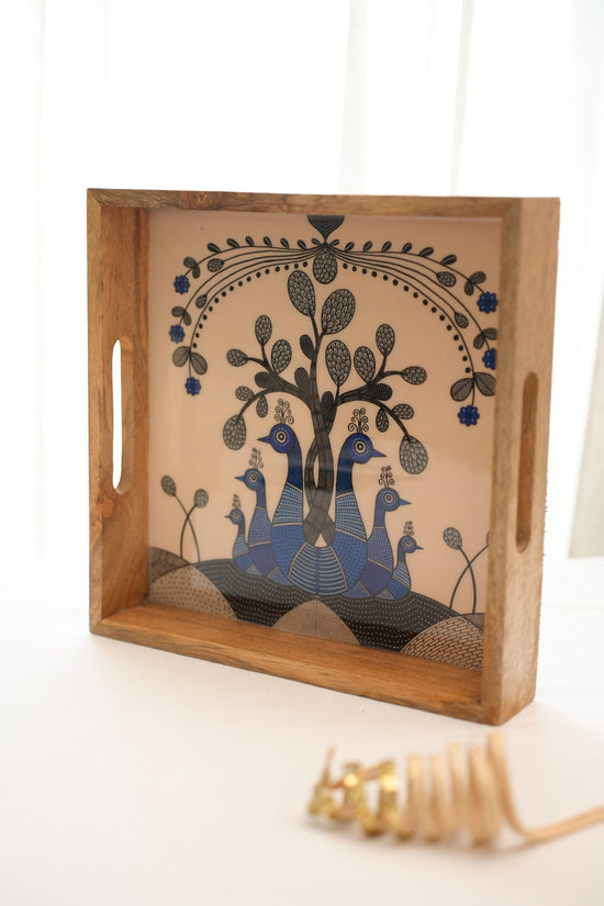 A Tribal Peacock Diwali Tray - Blue