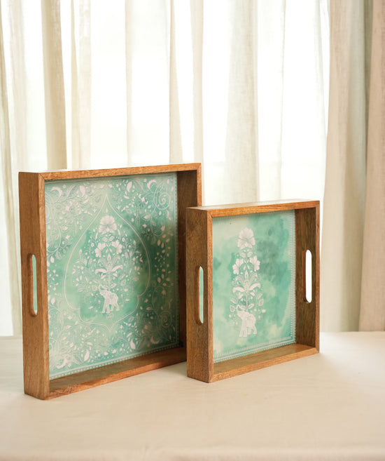 Nakkashi Set Of 2 Serving Trays - Mint