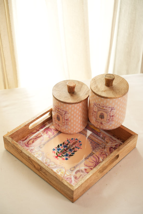 Shahi Aangan Combo Set Of Tray With 2 Jars - Peach