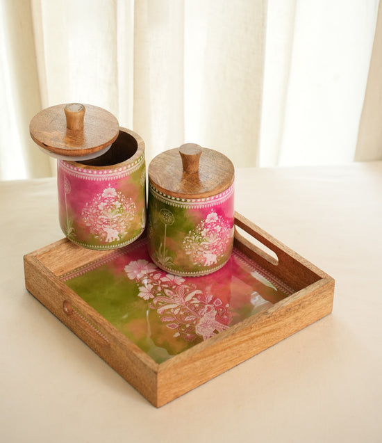 Nakkashi Combo Of Serving Tray & 2 Air Tight Jars