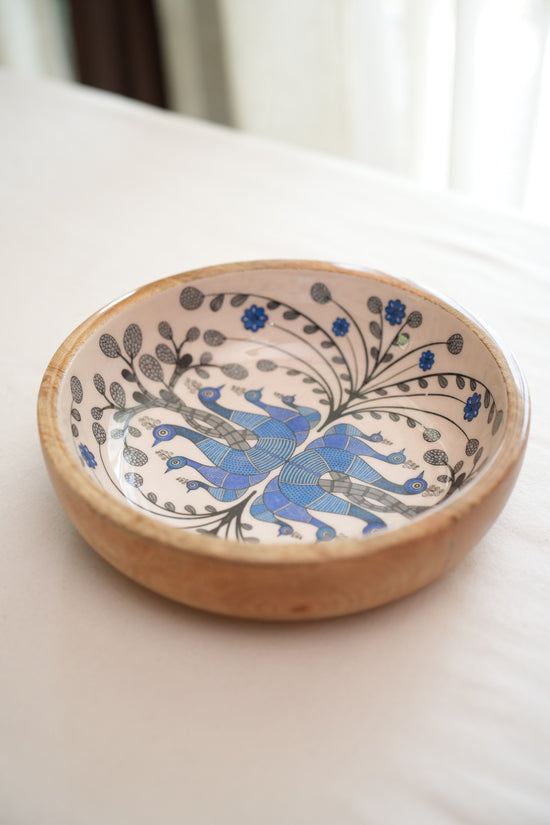 Tribal Peacock Bowl Plate With Spoon - Blue
